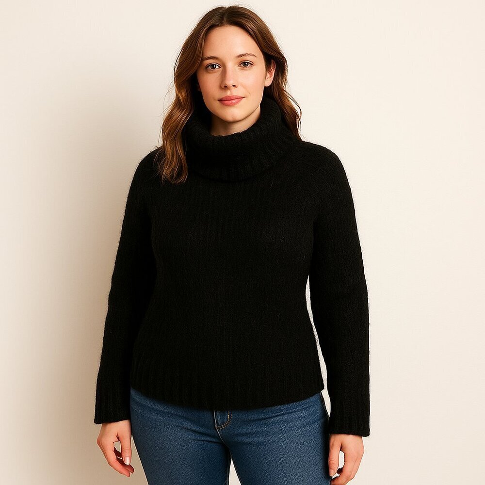 Garnet Hill Mohair Wool Turtleneck Sweater M Black Cable Knit Oversized
